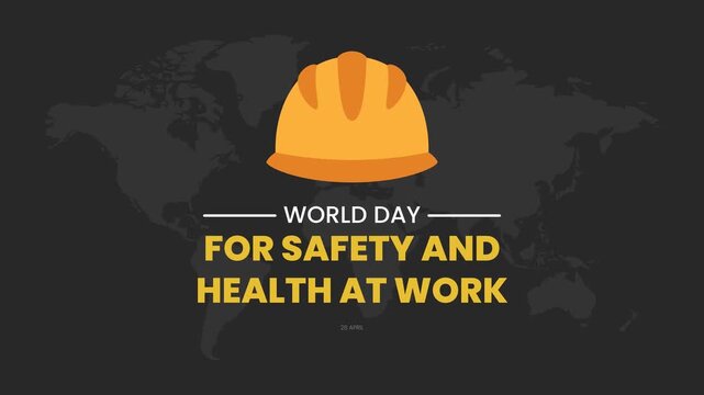 World Day for Safety and Health at Work Animation with Hard Hat and Global Map