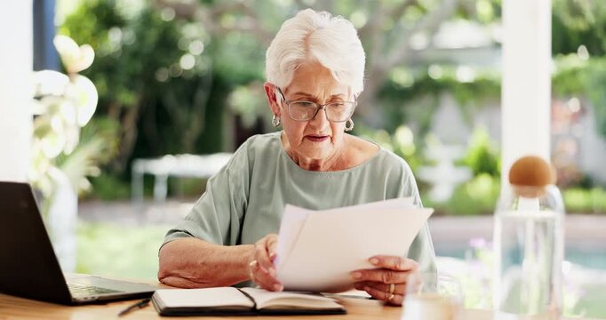 Documents, writing and senior woman with laptop outdoor by home for pension funds with online banking. Computer, paperwork and elderly female person with reading for retirement investment by house.