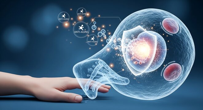 Microscopic Human Cell with DNA and Antibodies, illuminated from within, Science and Technology Concept, Child's Hand Reaching