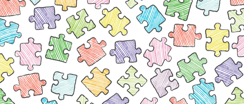 Colorful hand drawn jigsaw puzzle pieces background. Crayon children game playing. Hand drawn vector grunge wallpaper design. Sketch charcoal doodle drawing