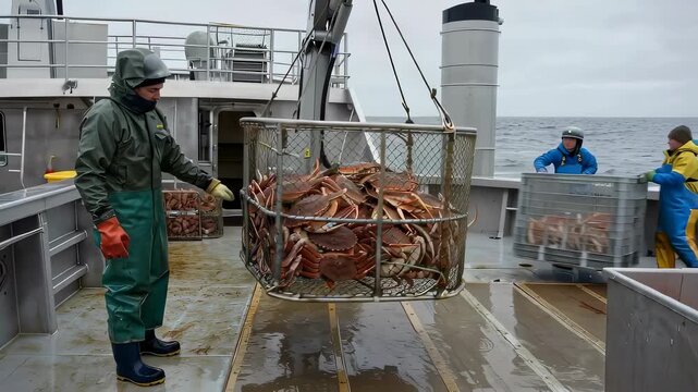 Fisherman working on boat sorting just caught crab. Industrial crab fishing and seafood harvesting in ocean for commercial purposes.