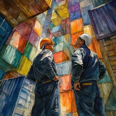 Watercolor artwork of modern freight terminal workers in helmets discussing export plans beneath suspended container bold composition strong perspective commercial stock appeal 