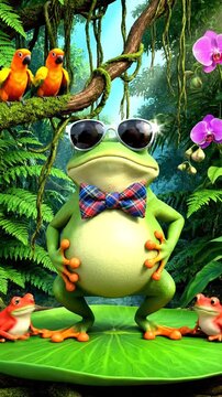 Cool frog with sunglasses dances on lily pad in jungle