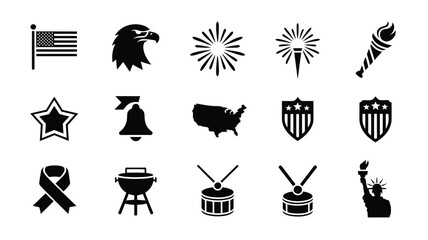 American patriotic icons and symbols set including flags eagle fireworks liberty bell map shields grill drums statue ribbon star torch on white background for independence day celebrations © Shovon