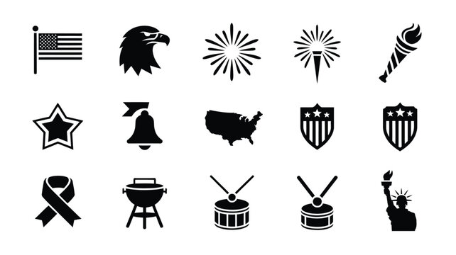 American patriotic icons and symbols set including flags eagle fireworks liberty bell map shields grill drums statue ribbon star torch on white background for independence day celebrations
