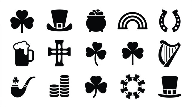 St patrick's day party silhouette bundle with shamrocks pot of gold rainbow and irish symbols