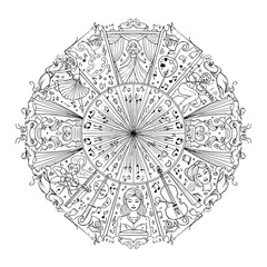 Naklejka premium Circular Design with Music Notes and Figures mandala