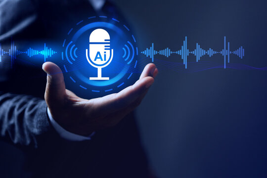 AI voice technology concept with speech recognition and futuristic digital communication voice chat interface with businessman holding microphone to speech by natural conversation