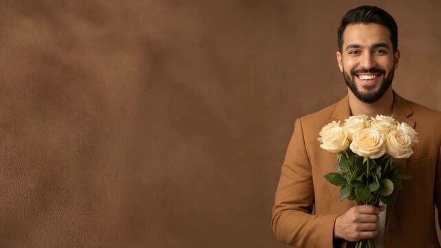 Smiling young Middle Eastern man in a brown suit holding a bouquet of cream roses against a textured brown background. Concept of romantic gift, celebration, and joy with copy space.