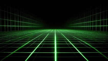 An infinite, glowing neon grid recedes into the darkness of digital space