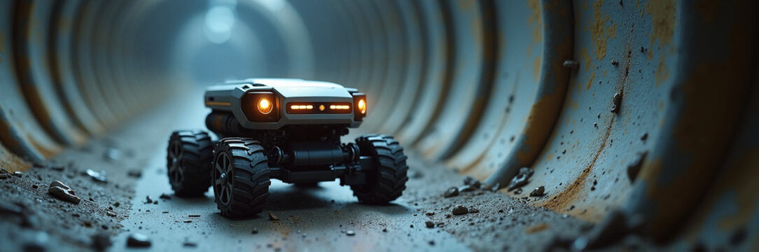 Robot exploring dark tunnel with glowing lights and rugged wheels, navigating through dirt and debris. Robot encounters unique environment in underground setting. Concept technology exploration.