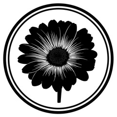 A black and white illustration of a flower in a circle
