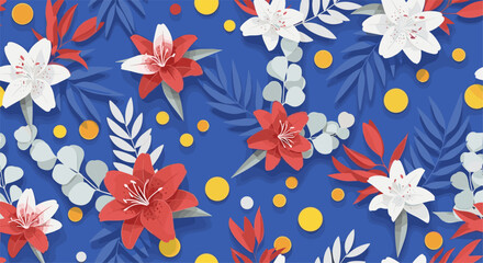 Fototapeta premium Seamless floral pattern with red and white lilies on blue background