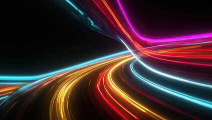 Abstract streaks of bright neon light flow across a dark background