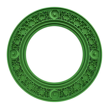 A decorative circular frame, featuring intricate Islamic design elements, including stars and crescent moons