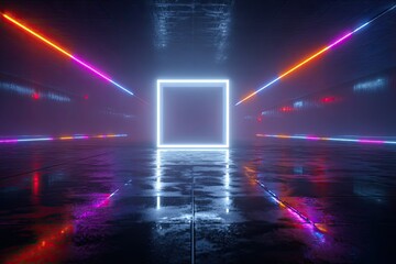 Neon-lit square in a dark, wet corridor