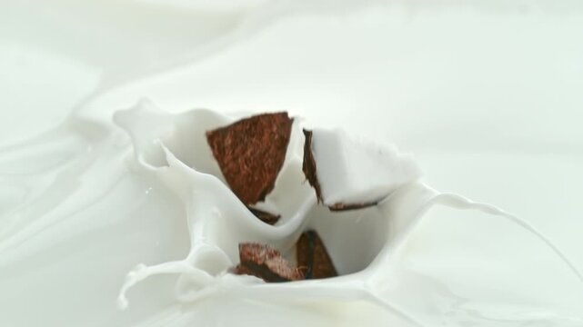 Coconut Chunks Falling into Creamy Milk Making Swirly Splashes in Macro and Slow Motion