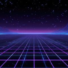 Retro-futuristic digital landscape with glowing grid and starry sky