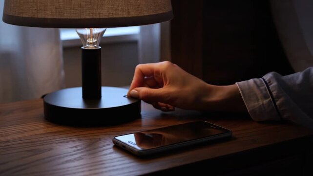 Bedtime Sleep Hygiene Routine Dimming Lights and Placing Phone Face Down at Night