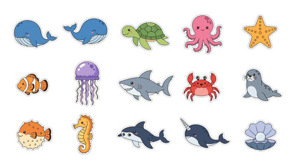 Collection of cute cartoon sea animals stickers. © alesana