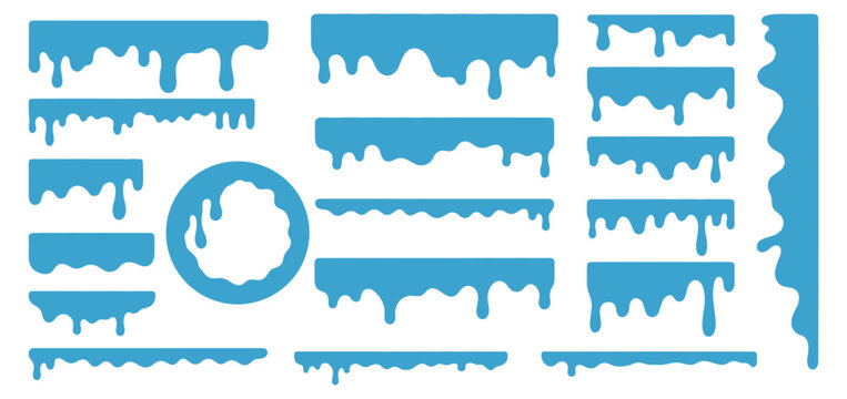 Blue paint drip and liquid splash set with flowing slime banners borders and abstract shapes, flat vector collection isolated on transparent background