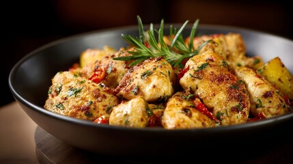 Fototapeta premium Gourmet seasoned chicken bites with herbs and roasted potatoes presented in a dark bowl with rosemary garnish