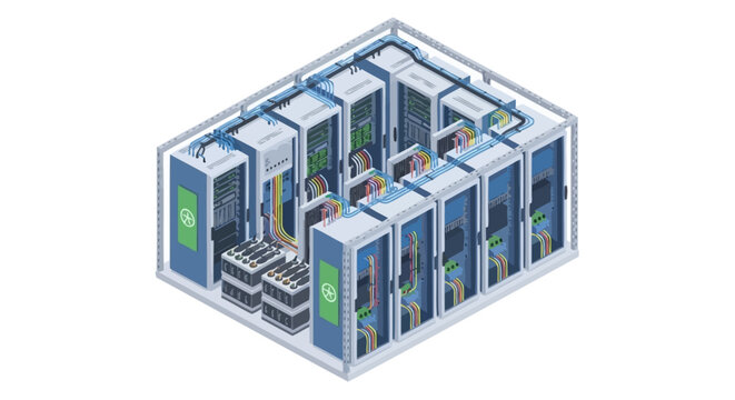 Data center server room with multiple server racks and cabling.