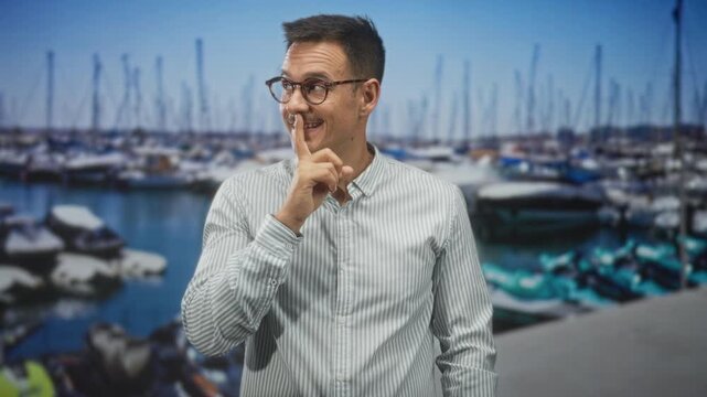 Hispanic man with moustache and glasses, finger to lips shushing at marina with boats and masts in view; playful secrecy.