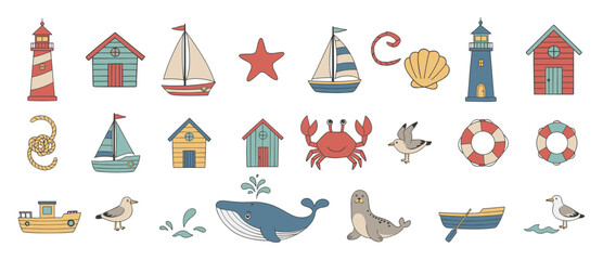 Nautical marine icon set with lighthouse sailboat whale crab seagull lifebuoy and coastal elements, flat vector collection isolated on transparent background © gerik_a