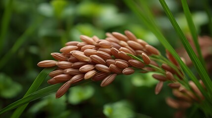 Fototapeta premium Close up of ripe brown rice grains on a stalk in a lush green agricultural field