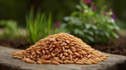 Obraz premium A close up pile of raw golden oat grains is presented on a rough stone surface with a gently blurred natural garden environment in the background