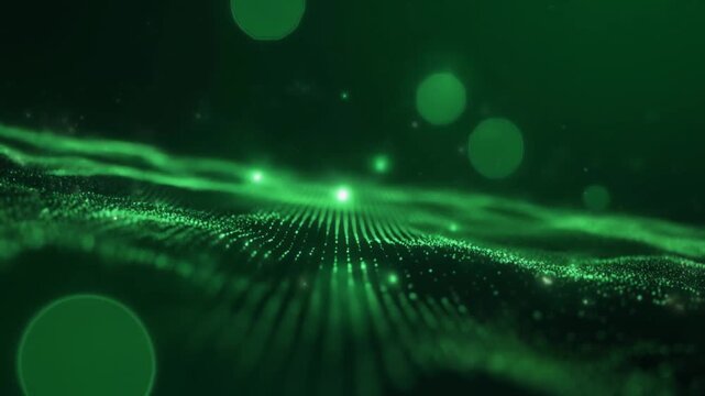 A flowing wave of green particles creates a shimmering abstract background with bright glowing lights and soft bokeh circles