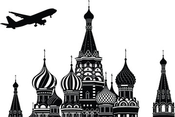 Airplane over Russian cathedral silhouettes, Saint Basil style onion domes vector illustration isolated on white background, travel architecture landmark design © MstSalema