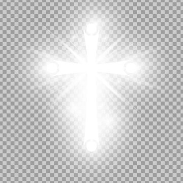 Shining silver Catholic cross isolated on transparent background. Riligious symbol. Glowing Saint cross. Easter and Christmas sign. Vector illustration