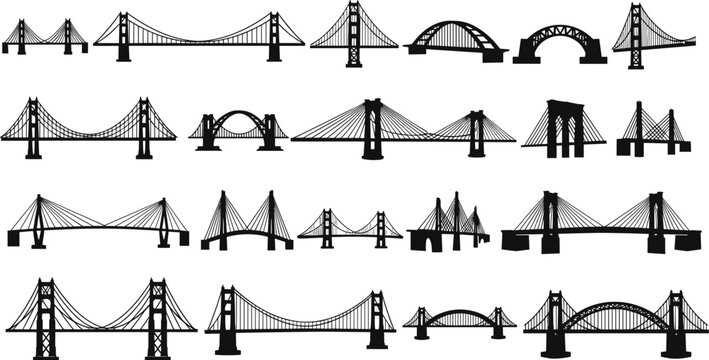 Bridge silhouettes collection, suspension and cable stayed bridge vector illustration set isolated on white background, architectural landmark transportation design elements