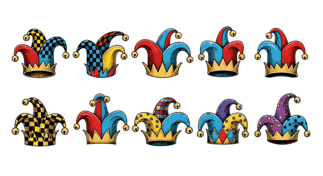 Set of colorful jester hats with various patterns and designs
