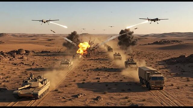 Military convoy under drone attack in barren desert landscape