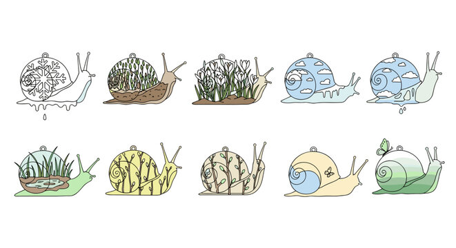 Collection of cute and colorful snails in various shells and poses