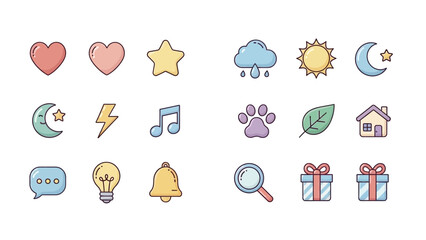 Fototapeta premium Set of cute pastel vector icons including heart star sun and weather symbols