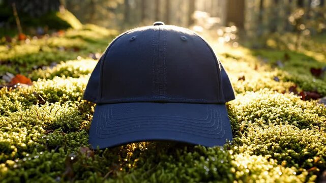 Slow low-altitude aerial reveal tilting down onto a perfectly clean blank navy blue baseball cap placed against vibrant green moss in a sun-drenched forest clothing, natural, green