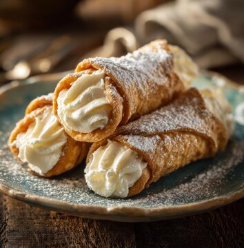 Traditional Italian Cannoli Pastry with Cream Filling and Powdered Sugar on a Rustic Plate