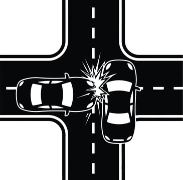 Car crash at intersection depicted in a stark black and white silhouette