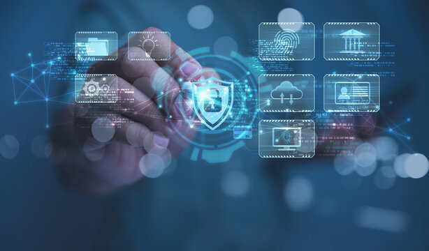 A human hand interacting with the central shield and padlock icons symbolize robust data protection.