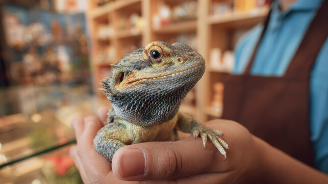 Bearded dragon reptile pet lizard hand human shop terrarium exotic animal calmly resting in gentle human hand inside warm pet shop setting