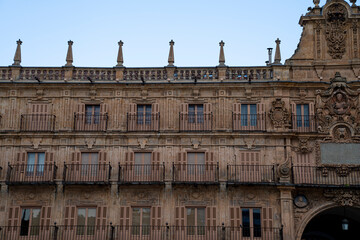 Fototapeta premium Historic building with intricate architectural details.. Plaza Mayor of Salamanca, Spain