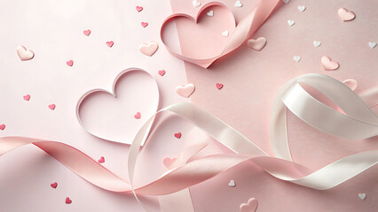 Pink heart with ribbon, Heart shaped confetti on a pink background.