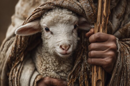 Shepherd holds a lamb with wooden staff in a closeup shot during Passover