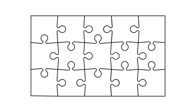 Jigsaw puzzle laser‑cut template featuring 15 details, clean 3&times;5 mosaic grid layout and blank infographic diagram, minimalist white vector background for creative templates and design projects