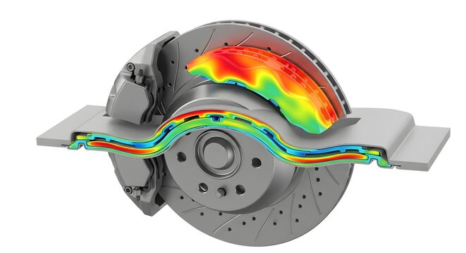 3D rendering of a car disc brake system on a white background, featuring a thermal heat map to visualize friction and temperature during braking