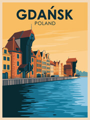 Gdańsk City Wall Art, Polish cityscape with turquoise building and vibrant minimalist architecture poster © MOSTAMBIA